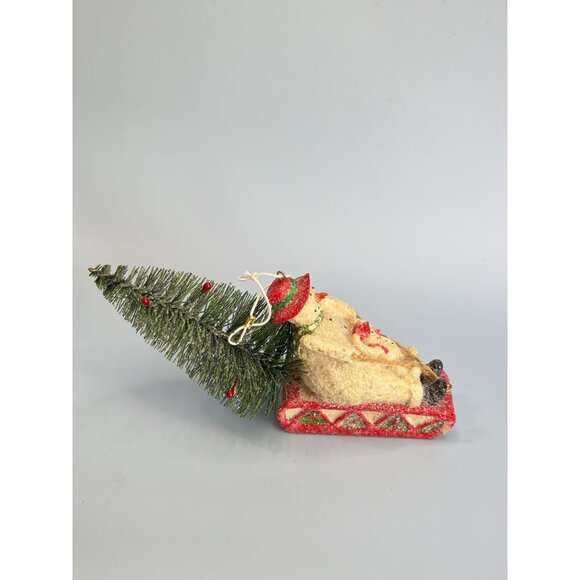 Snowman & Snowchild Sledding with Bottle Brush Christmas Tree Ornament - Picture 7 of 7